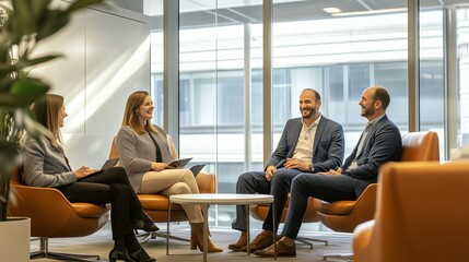 Poster - business discussion among colleagues in a modern office setting during the day with natural light