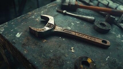 Poster - Rusty Wrench on a Workshop Table