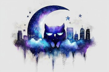 Poster - Owl on Crescent Moon Over Cityscape Watercolor Painting