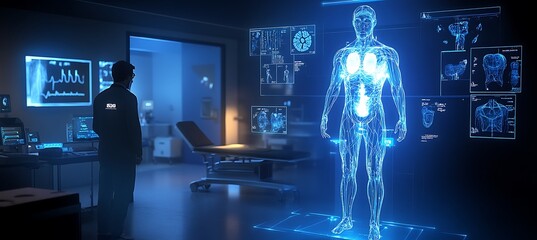 Poster - A holographic medical scanner displaying real-time images of a patient's body