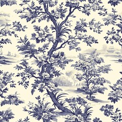 A seamless Toile de Jouy pattern with continuous floral and scenic elements arranged in an elegant repeat