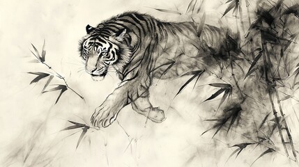 Poster -   A black-and-white tiger runs through tall grass with bamboo stalks in the foreground