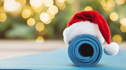 yoga mat prepared for the holidays with a santa hat outdoors during festive season