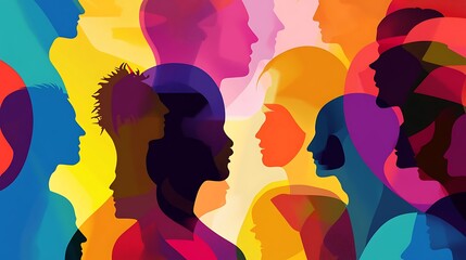 Poster - Colorful silhouette of diverse people looking to the left and right in a crowd.