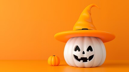 Poster - White pumpkin with a carved smile wearing a witch's hat, orange background, small pumpkin in the foreground.