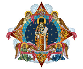 Wall Mural - Saint Simeon Popovic. Bright religious dome with apostles and angels in sky. Illustration in Byzantine style isolated