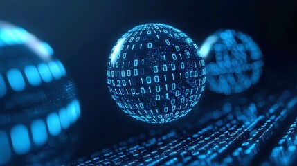Poster - Glowing Data Sphere, An abstract representation of a luminous sphere filled with flowing binary numbers, symbolizing advancements in science and computer technology.