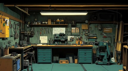 Aufkleber - A well-organized and cluttered workshop with a workbench and tools