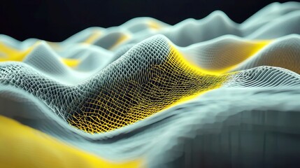 Poster - Futuristic Yellow Mesh Waves, Dynamic geometric patterns create an immersive digital landscape, showcasing polygonal technology in an ultra-wide orthographic perspective for animation.