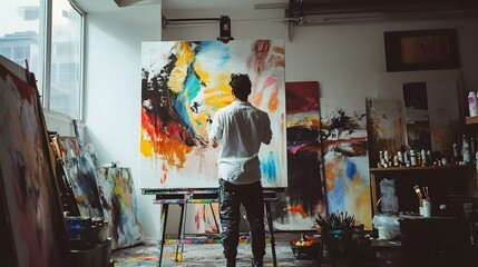 A millennial artist painting on a large canvas in an art studio