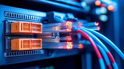 Poster - Vibrant Fiber Optic Lines, a dynamic web of glowing strands illuminating the darkness, showcasing the intricate connections of modern technology in a captivating display.
