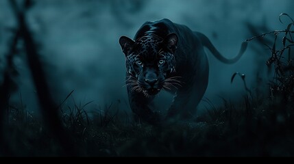 Poster -   A tiger walks through a sea of grass under a blue-gray sky