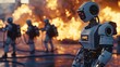 © sirisakboakaew - AI robots specialized in fire response, equipped with sensors and extinguishers, assisting firefighters in extinguishing flames