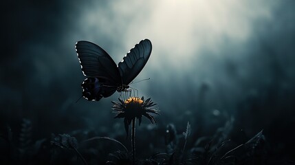 Canvas Print -   Black and white butterfly on a flower, surrounded by grass in sunlight through cloudy skies