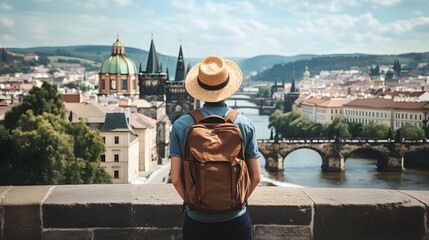 A millennial traveler taking in the scenic views of a historic European city