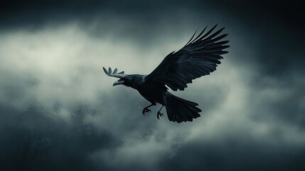 Poster -   An image of a black-and-white bird spread out wings against a cloudy sky backdrop