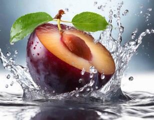 Plum with water splashing isolated on white background