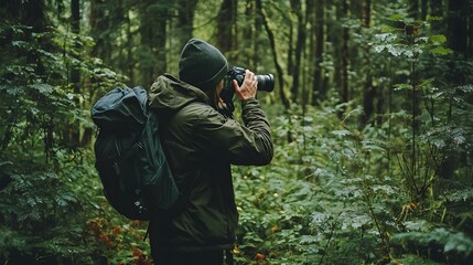 a millennial photographer capturing wildlife photos in a dense forest