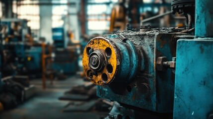 Poster - Close-up of a Rusty Yellow and Blue Industrial Machine