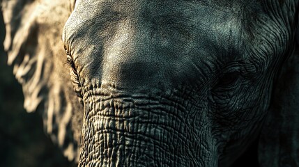 Wall Mural -   Elephant face close up with blurry tree and bush background