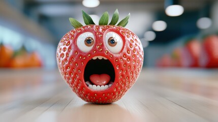 Canvas Print - A strawberry with eyes and mouth made of a red material, AI