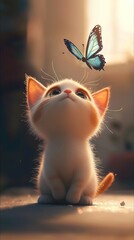 Poster -   A feline resting atop the earth with a butterfly perched upon its spine, and another butterfly soaring above its head