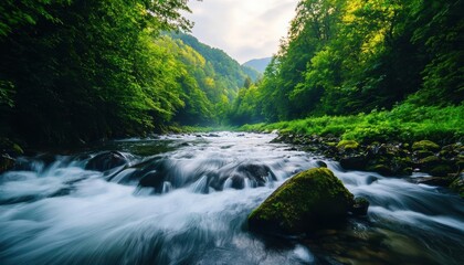 A serene river flowing through lush green forests and majestic mountains under a cloudy sky.