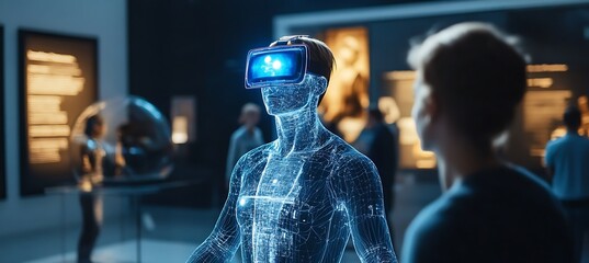 Poster - A holographic museum tour guide leading visitors through digital exhibits 