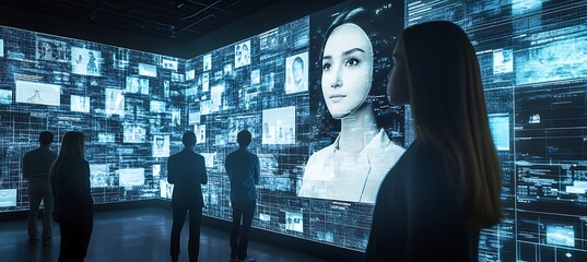 Poster - A holographic museum tour guide leading visitors through digital exhibits 
