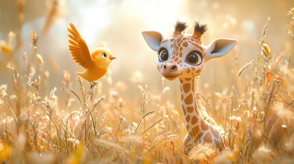 Sticker -   A small giraffe and a tiny bird stand together atop a verdant field of towering grasses