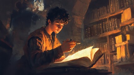 Poster - A young man reading a glowing book in a dimly lit library