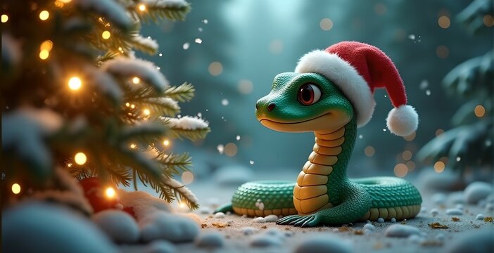Green snake in Santa hat, symbol of Chinese New Year 2025. Computer graphics against background of Christmas trees and gifts.Close up