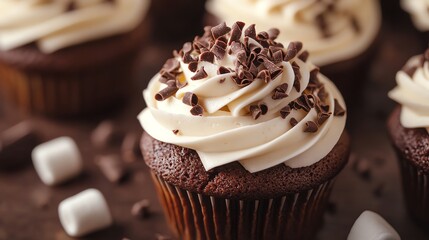 close-up of chocolate cupcakes with melting marshmallow frosting and dark chocolate shavings, creati