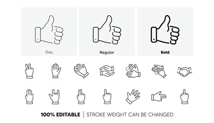 Poster - handshake, clapping hands, victory. hand gestures line icons. horns, thumb up finger, drag and drop 