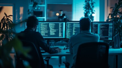 Poster - Software developer coding late at night in a cozy workspace with multiple screens.
