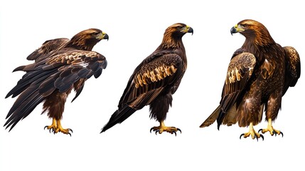 Three birds of prey are shown in different poses, with one standing upright