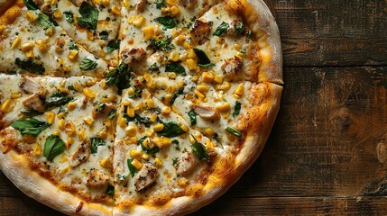 Sticker -   A pizza pan with cheese and vegetables sits under a wooden table, holding a pizza on top