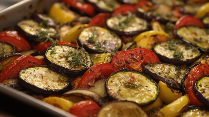 Sticker -   A pan of roasted vegetables with herbs and seasoning is ready for the oven