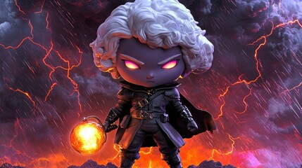 Poster - Dark Fantasy Character with Fireball in Stormy Sky