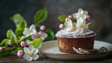 Wall Mural -   Cupcake with Flower Decoration - A close-up of a scrumptious cupcake atop a plate, adorned with a vibrant flower decor