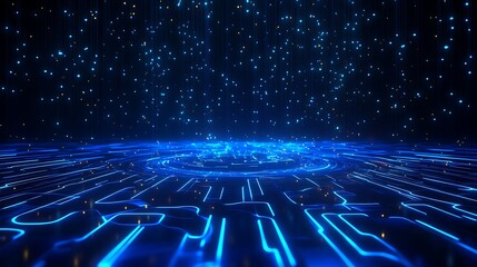 Poster - a futuristic digital landscape with glowing blue circuits and starry background, creating a high-tec