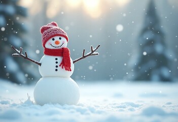 Poster - Cheerful snowman in winter landscape, festive