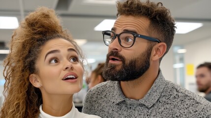 Poster - A man and woman standing next to each other with a look of surprise on their faces, AI