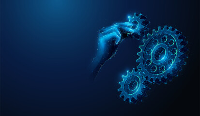 Abstract illustration of hand installing gear to gearbox in low poly style. Blue geometric background depicting mechanical technology machine engineering concept by wireframe connection structure
