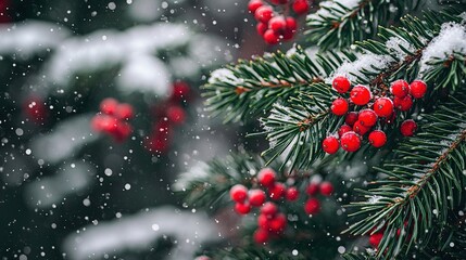 Canvas Print -   Pine tree with red berries and snowfall on branches and cones