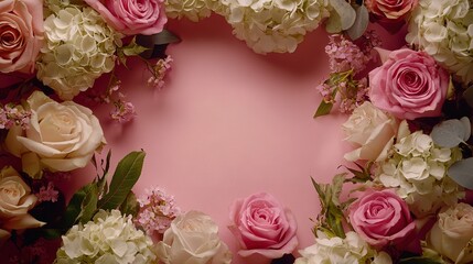 Poster -   Heart-shaped frame of pink and white flowers on a pink background, surrounded by greenery