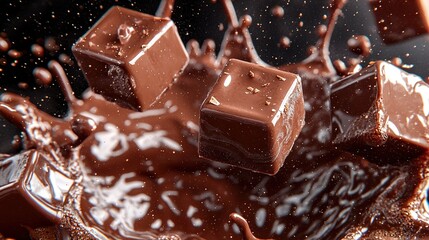 Poster -   A close-up of a chocolate dessert with chocolate chunks falling into it, creating a splash of chocolate on top