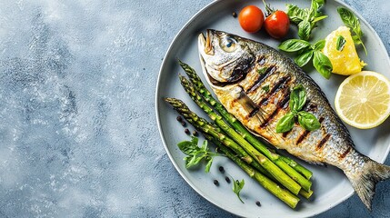 Poster -   A platter of grilled fish, asparagus, lemon, tomatoes, and asparagus on a blue surface