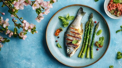 Poster -  A fish and asparagus on a plate next to bowls of rice and sauce on a blue surface