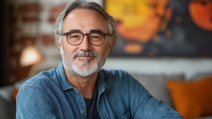 Poster - Portrait of a smiling middle-aged man with grey hair and beard wearing glasses and a blue denim shirt.